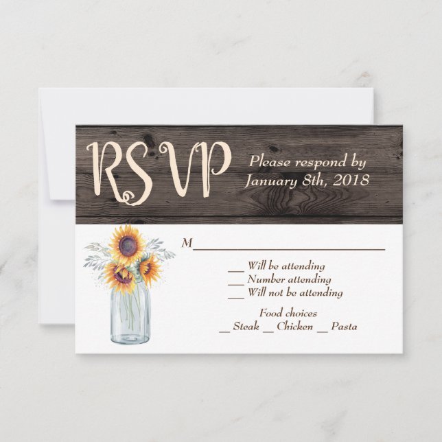 Rustic Sunflower Mason Jar Wood Country RSVP Invitation (Front)