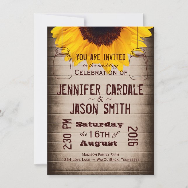 Rustic Sunflower Mason Jars Wedding Invitations (Front)
