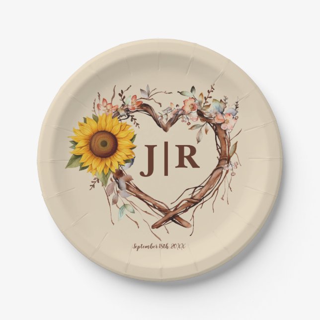 Rustic Sunflower Monogram Wedding Heart Branch Pla Paper Plate (Front)