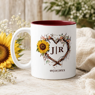 Rustic Sunflower Monogram Wedding Heart Branch Two-Tone Coffee Mug