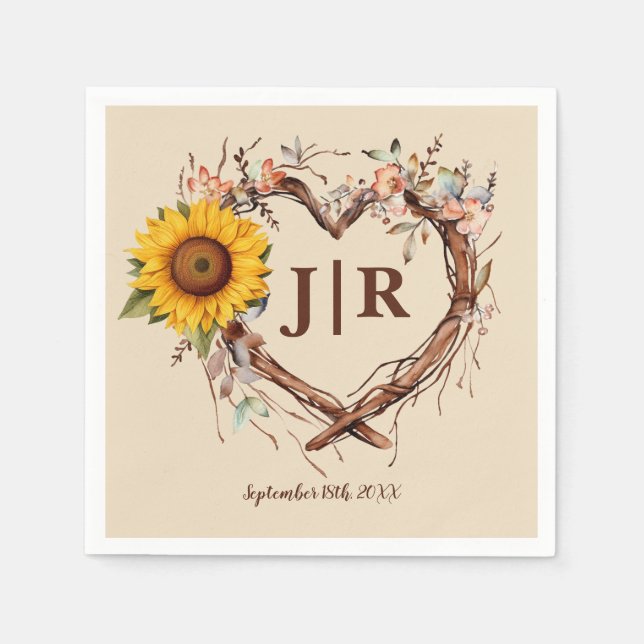 Rustic Sunflower Monogram Wedding Napkins (Front)