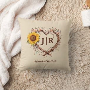 Rustic Sunflower Monogram Wedding Throw Pillow