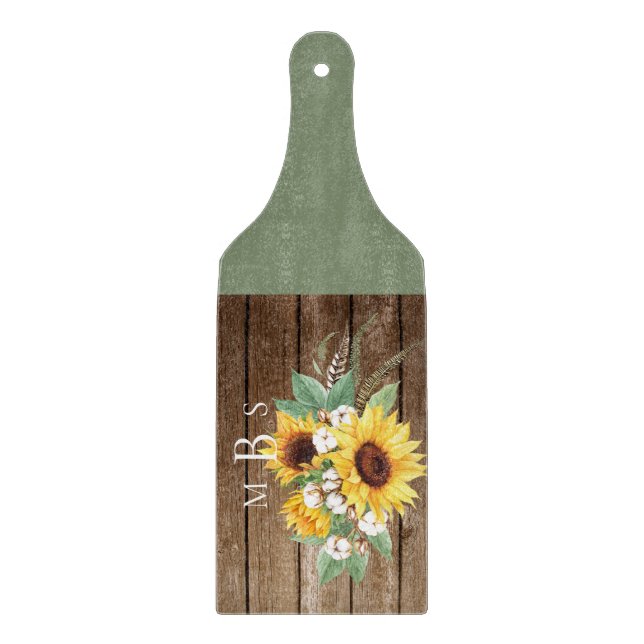 Rustic Sunflower Monogram Wood & Green Cutting Board (Front)