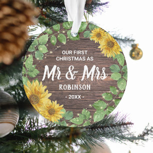 Rustic Sunflower Mr & Mrs Our 1st Christmas Ornament