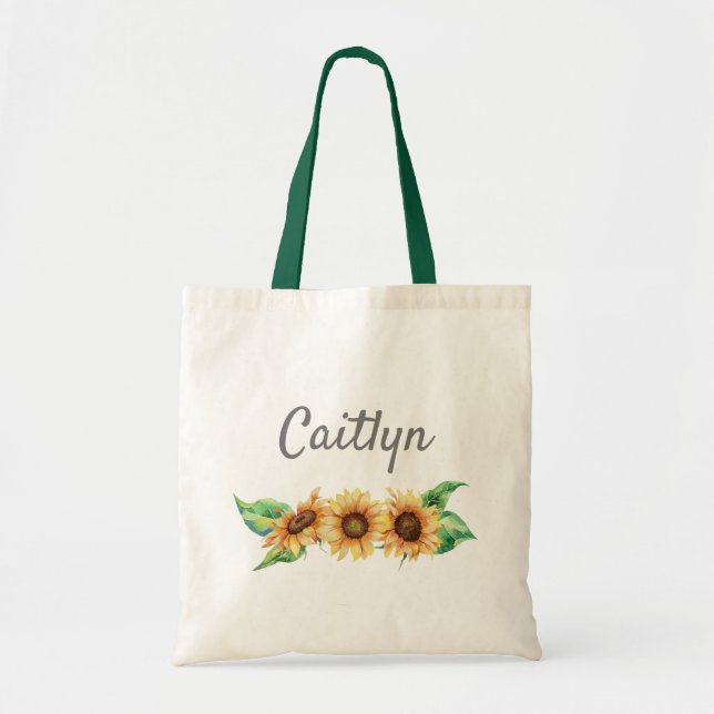 Rustic Sunflower Name Monogram Ladies Girl Eco Tote Bag (Front)