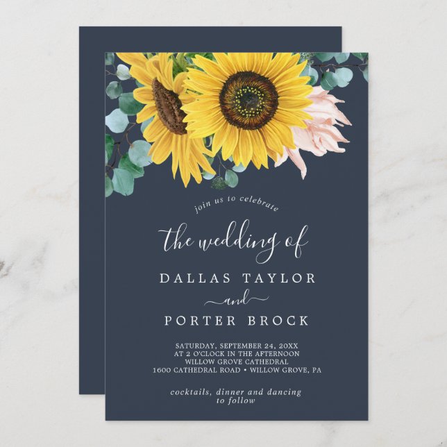 Rustic Sunflower | Navy All In One Wedding Invitation (Front/Back)