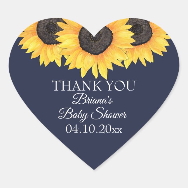 Rustic Sunflower Navy Blue Baby Shower Heart Sticker (Front)