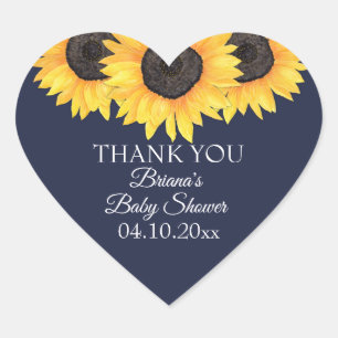 Rustic Sunflower Navy Blue Baby Shower Heart Sticker