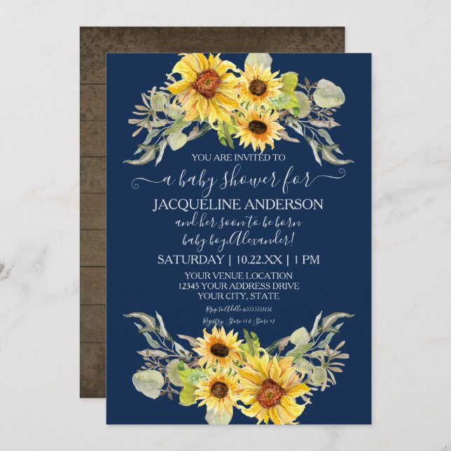 Rustic Sunflower Navy Blue Drive By Baby Shower Invitation (Front/Back)