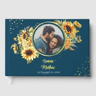 Rustic Sunflower Navy Blue Photo Gold Guest Book