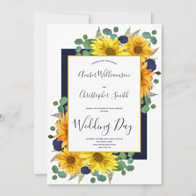 Rustic Sunflower Navy Blue Roses Country Wedding Invitation (Front)