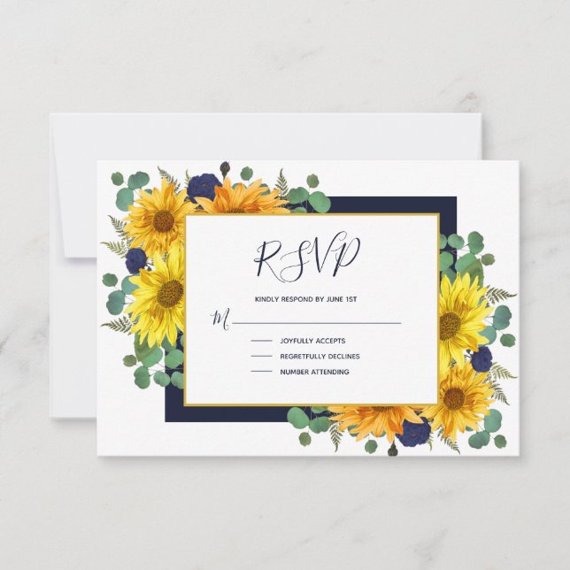 Rustic Sunflower Navy Blue Roses Country Wedding RSVP Card (Front)