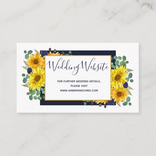 Rustic Sunflower Navy Blue Roses Wedding Website Enclosure Card (Front)