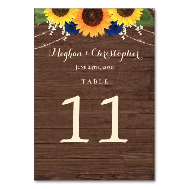 Rustic Sunflower Navy Blue Roses Wood Wedding  Table Number (Front)