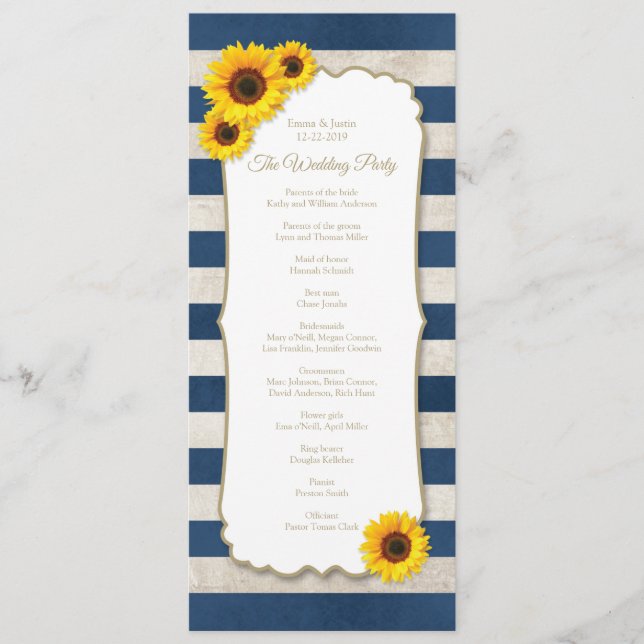 Rustic Sunflower & Navy Blue Stripes Wedding Programme (Front)