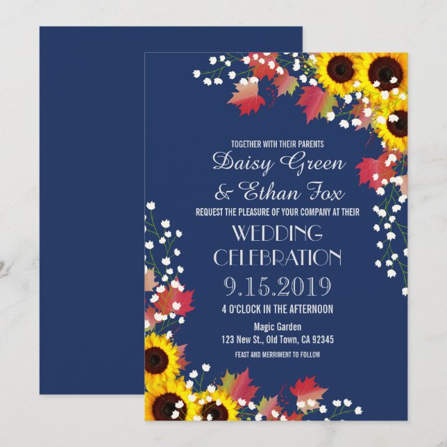 Rustic Sunflower Navy Blue Wedding Invitations (Front/Back)