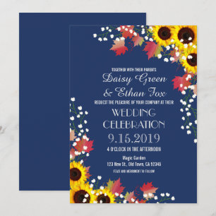Rustic Sunflower Navy Blue Wedding Invitations