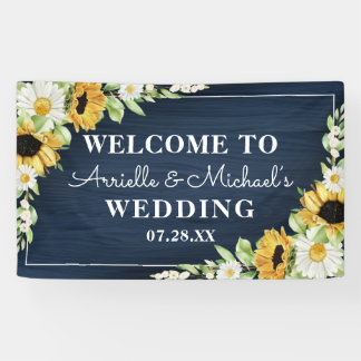 Rustic Sunflower Navy Blue Wood Background Wedding Banner