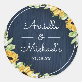 Rustic Sunflower Navy Blue Wood Background Wedding Classic Round Sticker