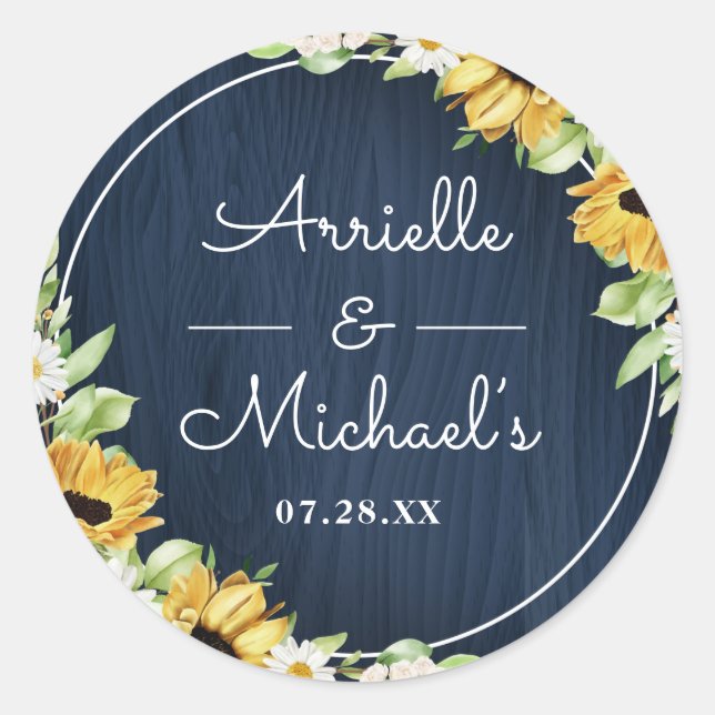 Rustic Sunflower Navy Blue Wood Background Wedding Classic Round Sticker (Front)