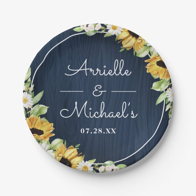 Rustic Sunflower Navy Blue Wood Background Wedding Paper Plate (Front)