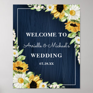 Rustic Sunflower Navy Blue Wood Background Wedding Poster
