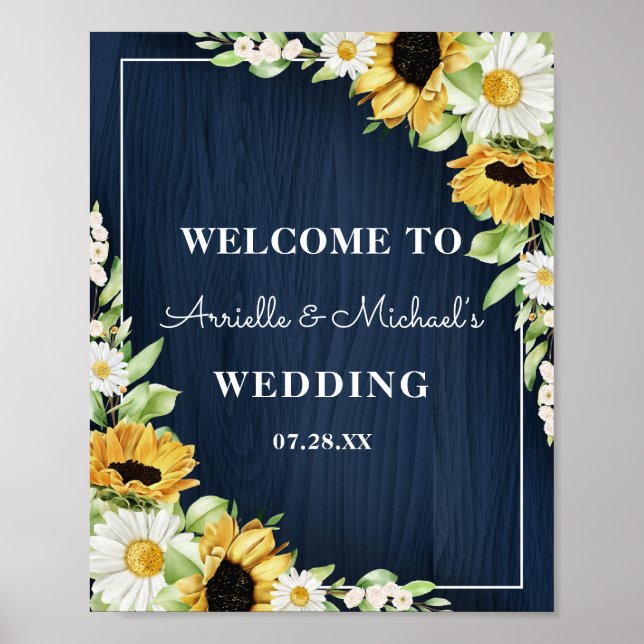 Rustic Sunflower Navy Blue Wood Background Wedding Poster (Front)
