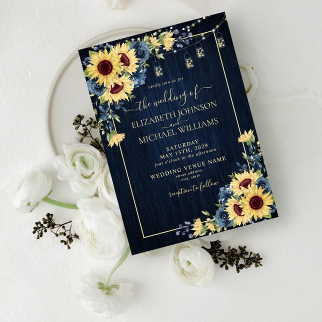 Rustic Sunflower Navy Blue Wood Floral Wedding Invitation (Creator Uploaded)