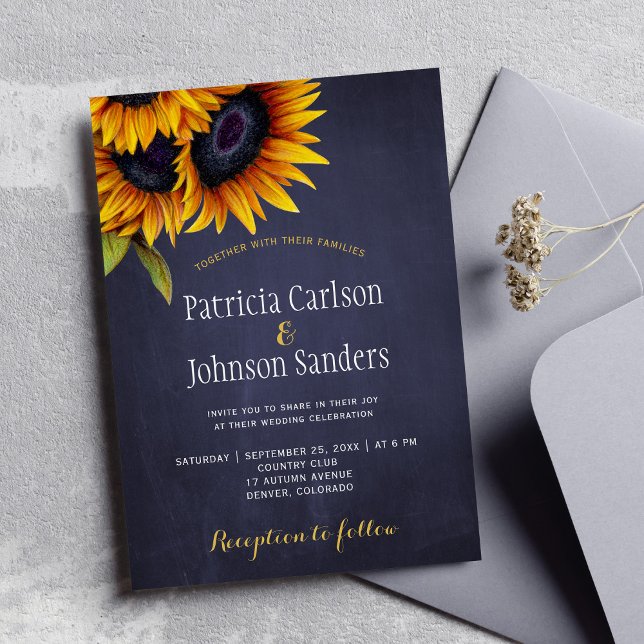 Rustic sunflower navy chalkboard wedding invitation (Creator Uploaded)