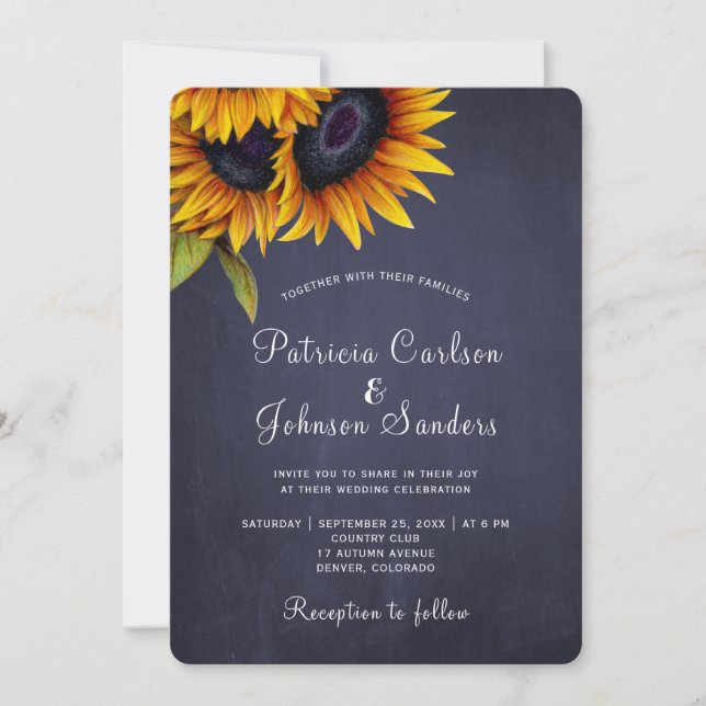 Rustic sunflower navy gold wedding invitation (Front)
