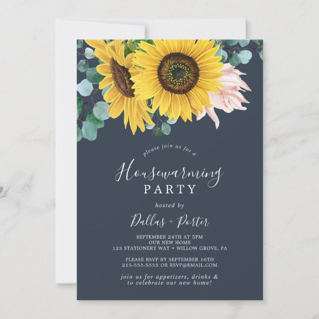 Rustic Sunflower | Navy Housewarming Party Invitation (Front)