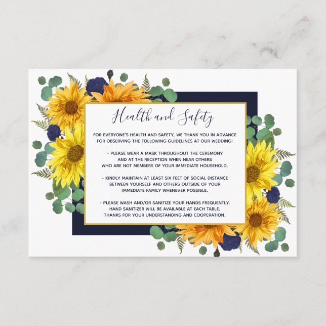 Rustic Sunflower Navy Roses Wedding Health Safety Enclosure Card (Front)