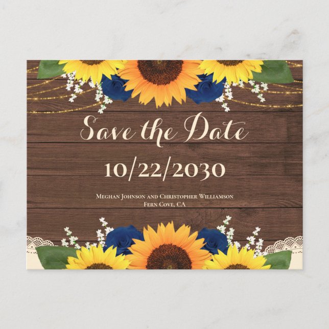 Rustic Sunflower Navy Roses Wedding Save the Date  Postcard (Front)