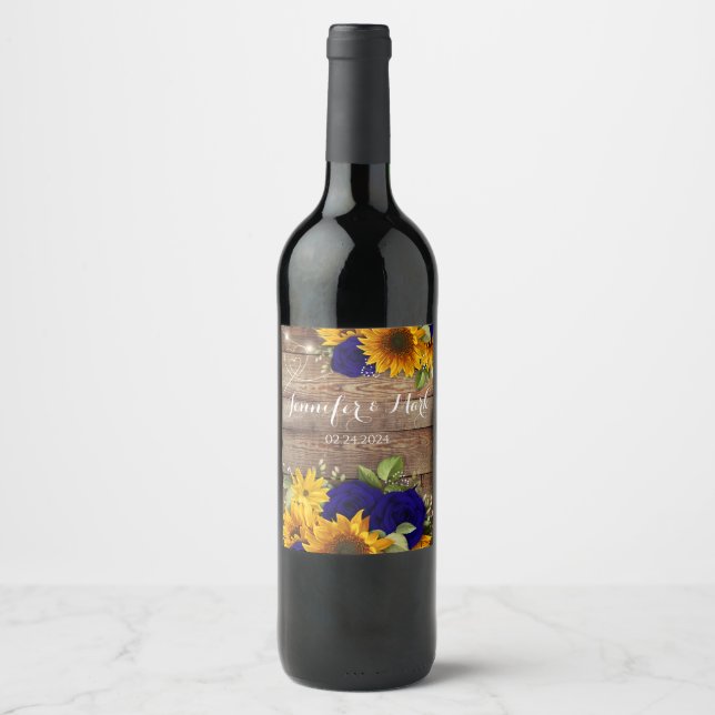 Rustic Sunflower & Navy Roses Wine Label (Front)