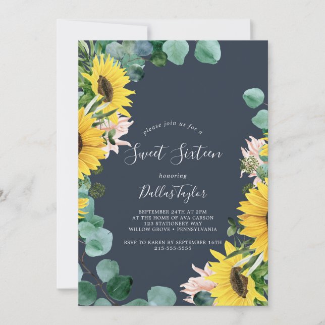 Rustic Sunflower | Navy Sweet Sixteen Birthday Invitation (Front)
