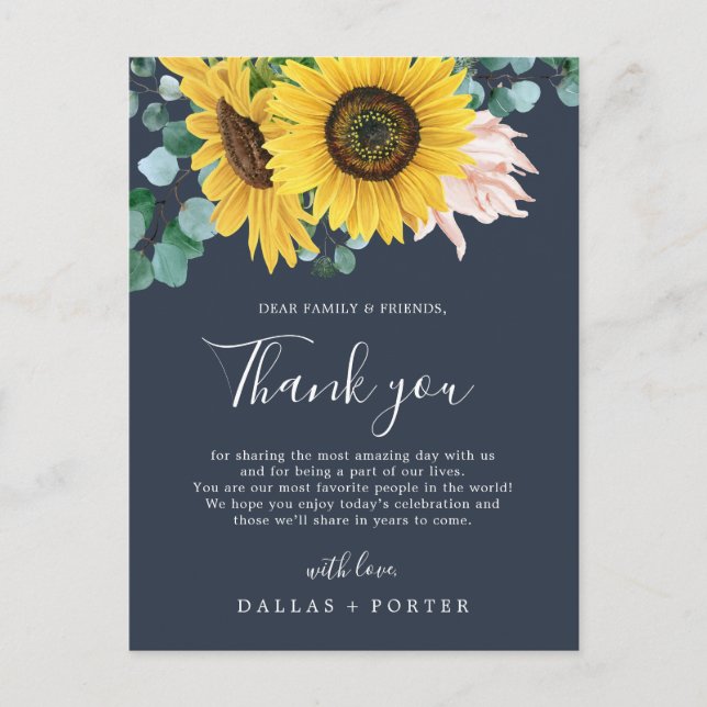Rustic Sunflower | Navy Thank You Reception Card (Front)