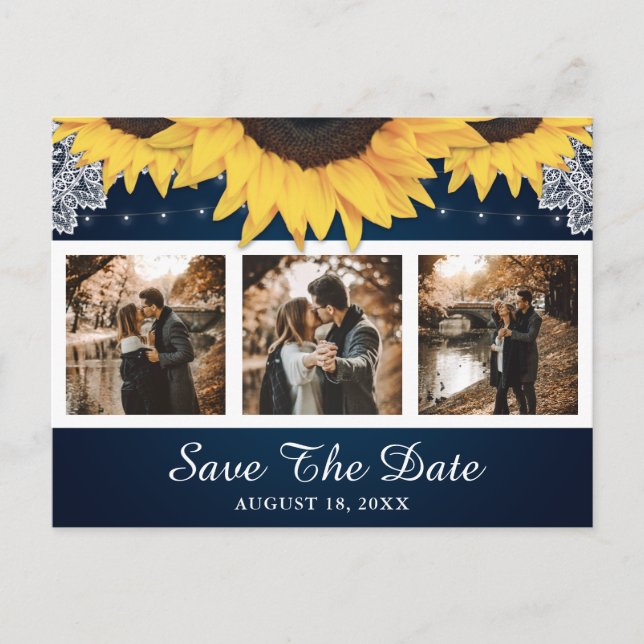 Rustic Sunflower Navy Wedding Photo Save The Date Announcement Postcard (Front)