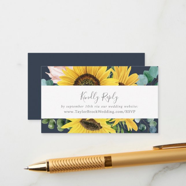 Rustic Sunflower | Navy Wedding Website RSVP Enclosure Card (Front/Back In Situ)