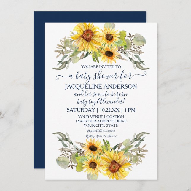 Rustic Sunflower Navy White Drive By Baby Shower Invitation (Front/Back)
