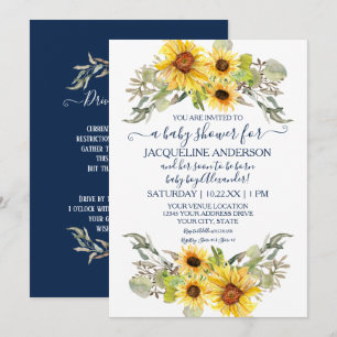 Rustic Sunflower Navy White Drive By Baby Shower Invitation