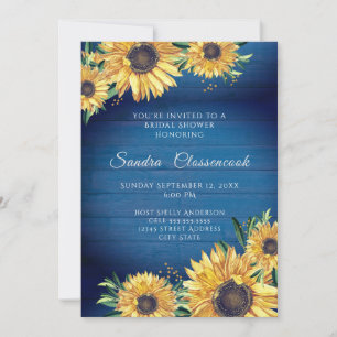  Rustic Sunflower Navy Wood Wedding Bridal Shower Invitation
