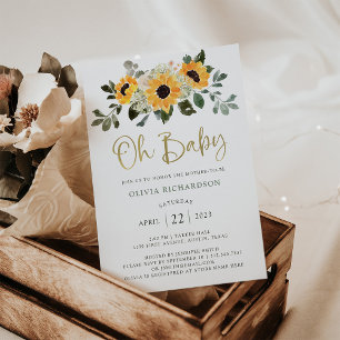 Rustic Sunflower Oh Baby Shower Gold Script Invitation