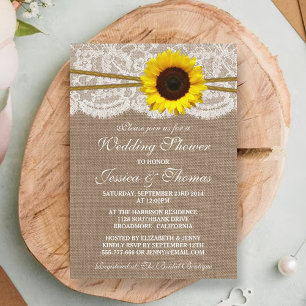 Rustic Sunflower On Burlap & Lace Wedding Shower Invitation