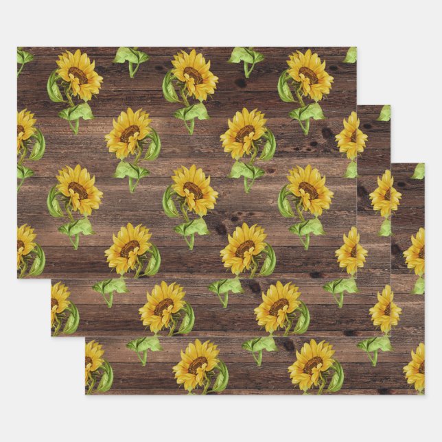 Rustic Sunflower on Wood Wrapping Paper Sheet (Set)