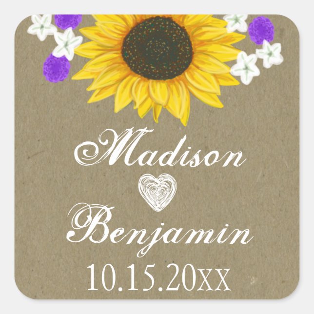 Rustic Sunflower Personalised Wedding Stickers (Front)