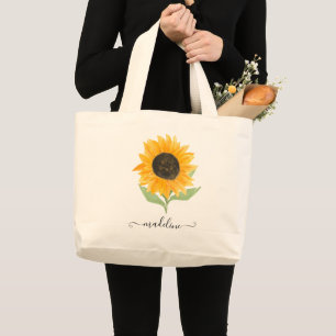 Rustic Sunflower Personalized Name Script Large Tote Bag