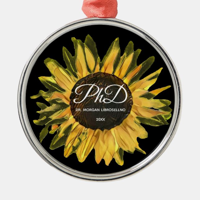 Rustic Sunflower Personalized PhD Graduation Metal Tree Decoration (Front)