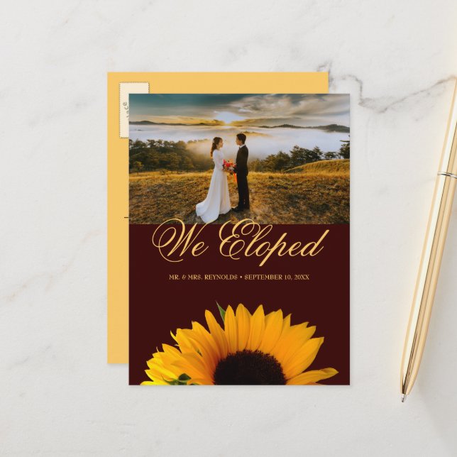 Rustic Sunflower Photo Autumn Elopement Wedding Announcement Postcard (Front/Back In Situ)