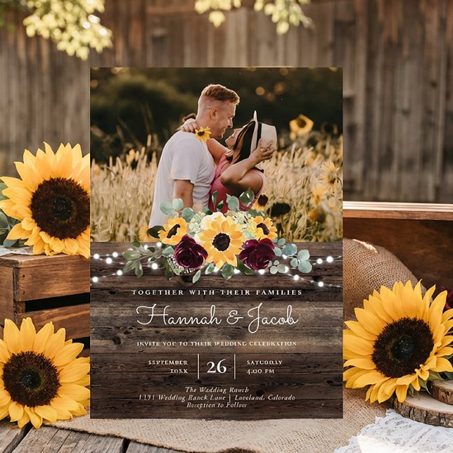Rustic Sunflower Photo Barn Wood Wedding Invitation (Creator Uploaded)