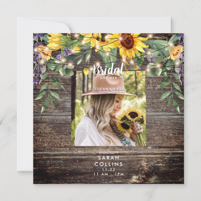 Rustic Sunflower Photo Bridal Shower Square Invita Invitation (Front)